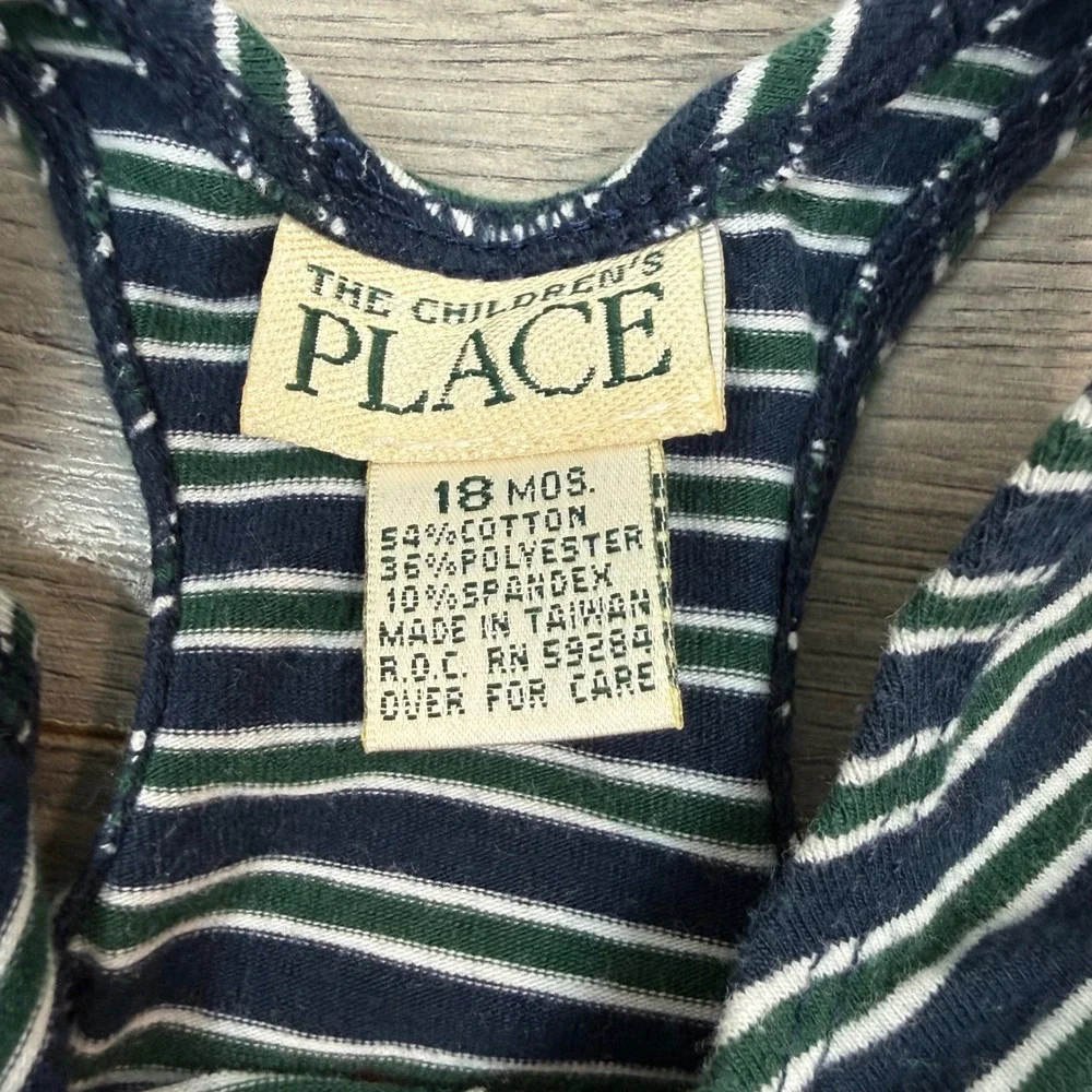Children's Place Nautical Sailboat Striped‎ Romper Navy Green 18 Months Preppy